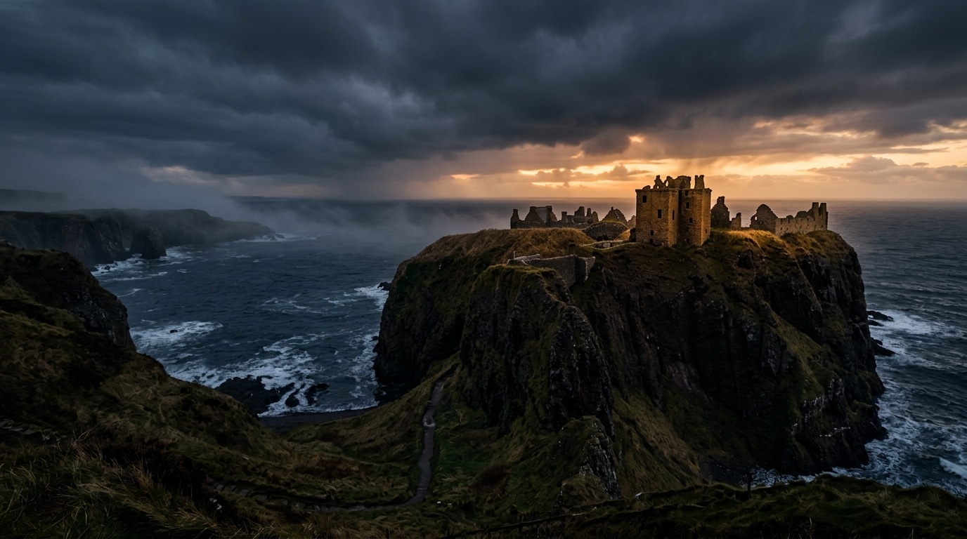 Irish coastal ruins at sunset